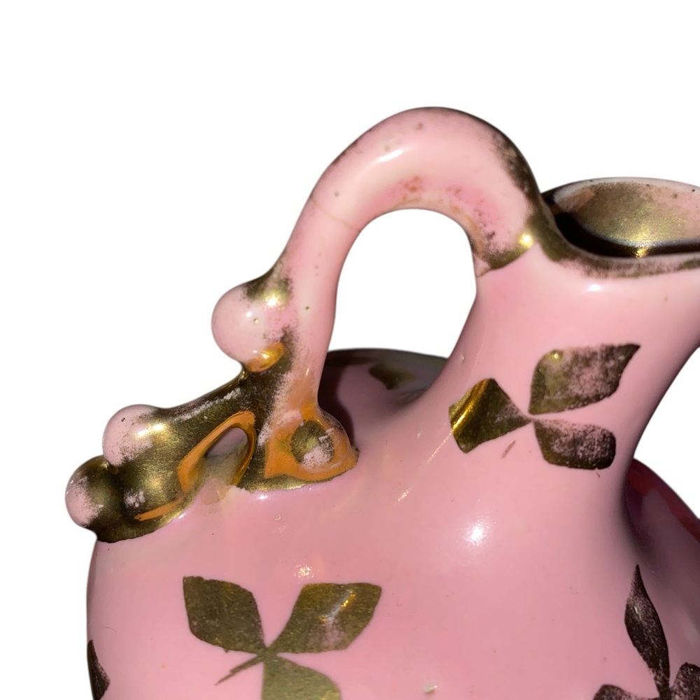 Le Pete Pottery Vintage 50s mini pitcher bud pink gold leaf Bridgerton Coquette - Picture 6 of 9